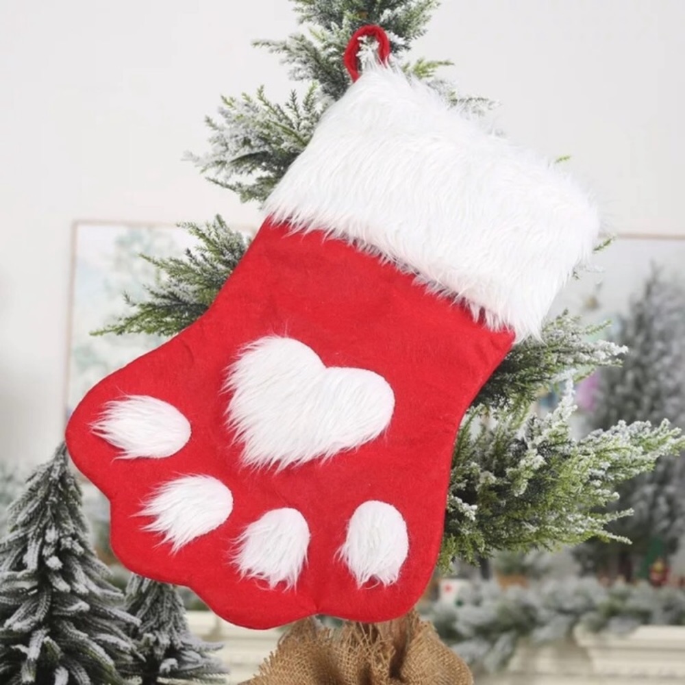 Dog paw print red Christmas stocking faux fur